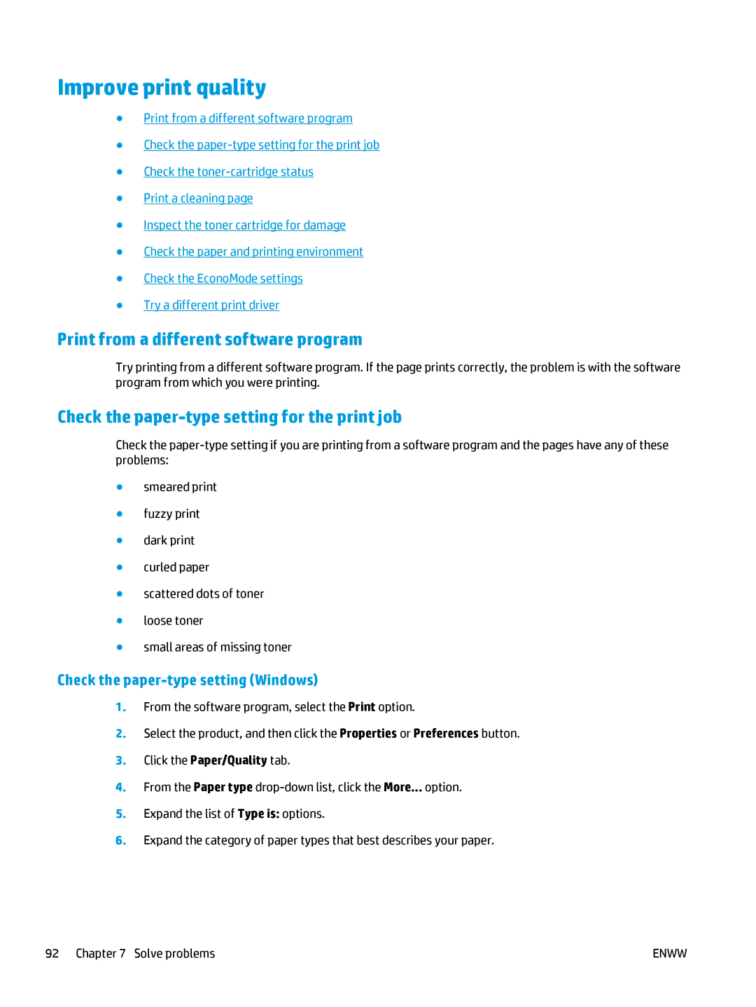 HP 400 Improve print quality, Print from a different software program, Check the paper-type setting for the print job 