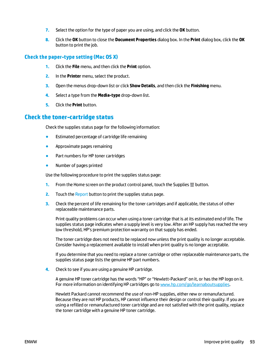 HP 400 manual Check the toner-cartridge status, Check the paper-type setting Mac OS 