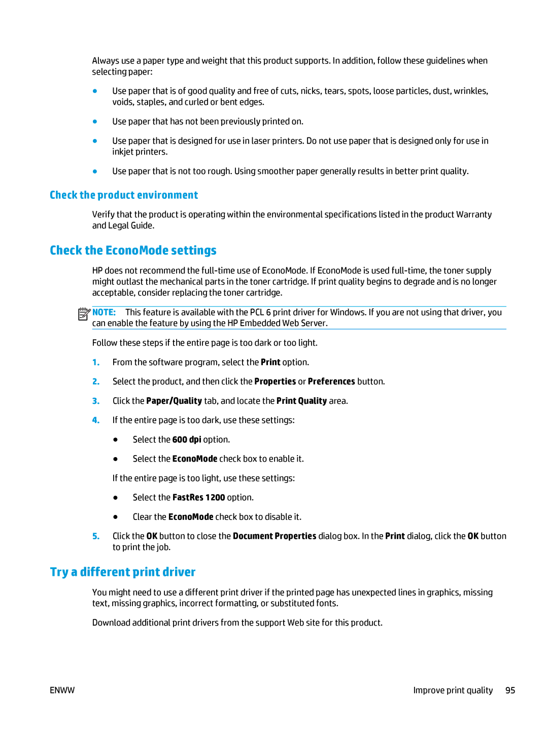 HP 400 manual Check the EconoMode settings, Try a different print driver 