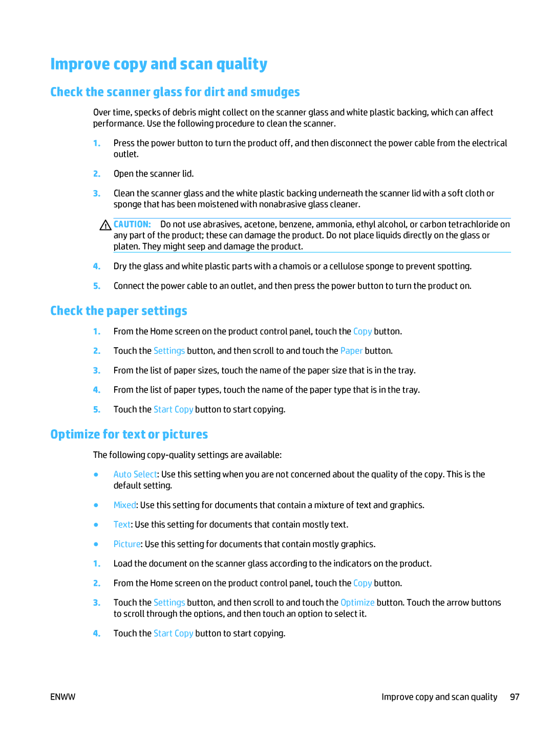HP 400 manual Improve copy and scan quality, Check the scanner glass for dirt and smudges, Check the paper settings 