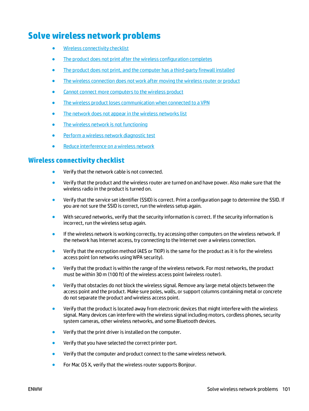 HP 400 manual Solve wireless network problems, Wireless connectivity checklist 