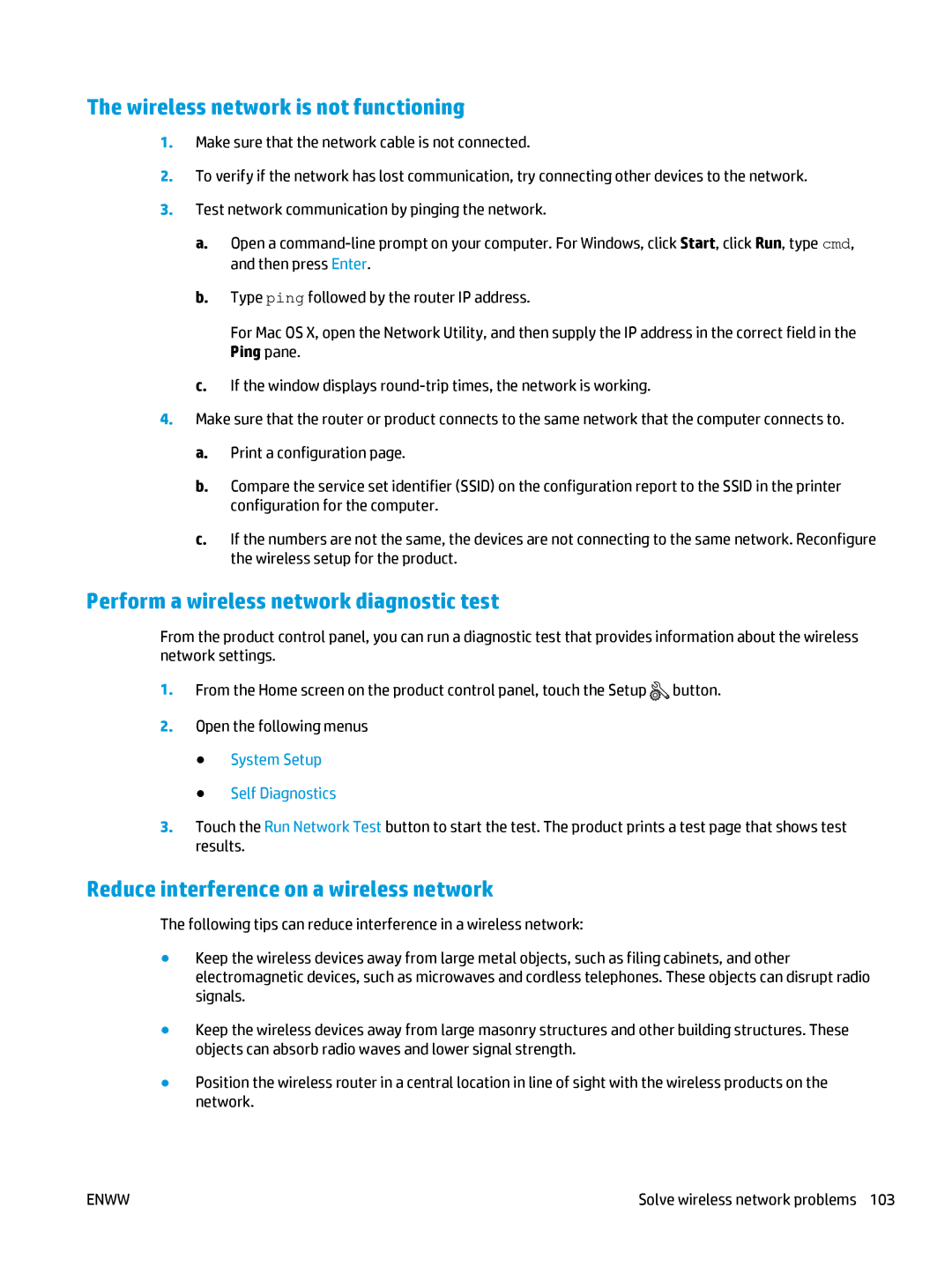 HP 400 manual Wireless network is not functioning, Perform a wireless network diagnostic test 