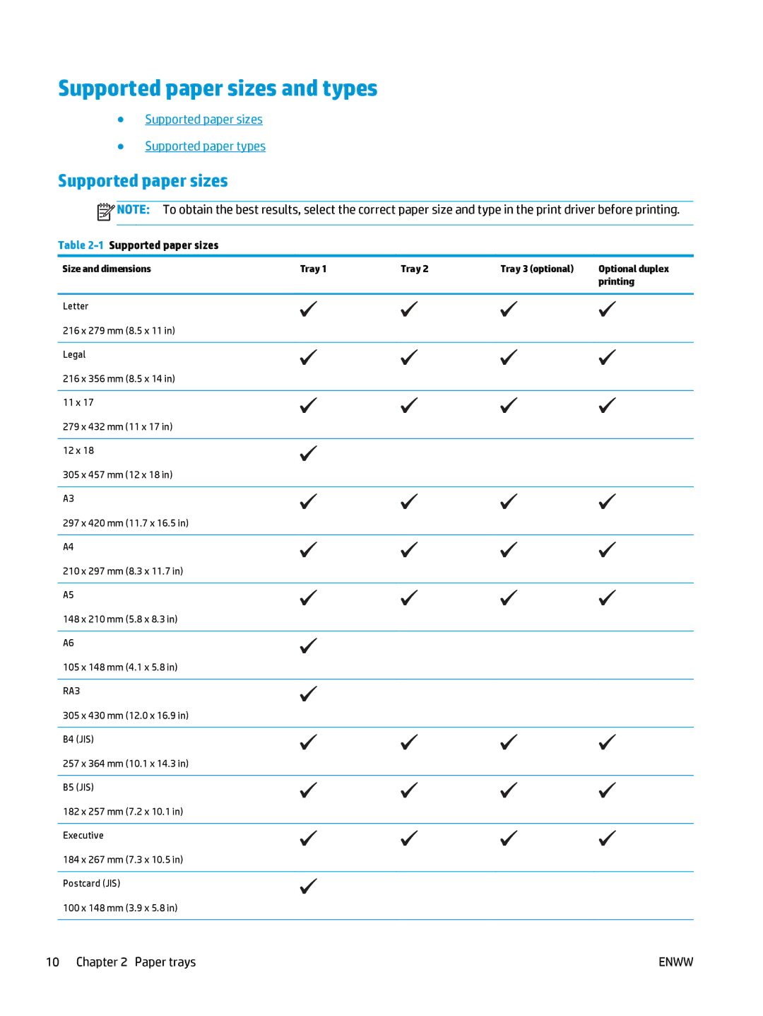 HP 400 manual Supported paper sizes and types 