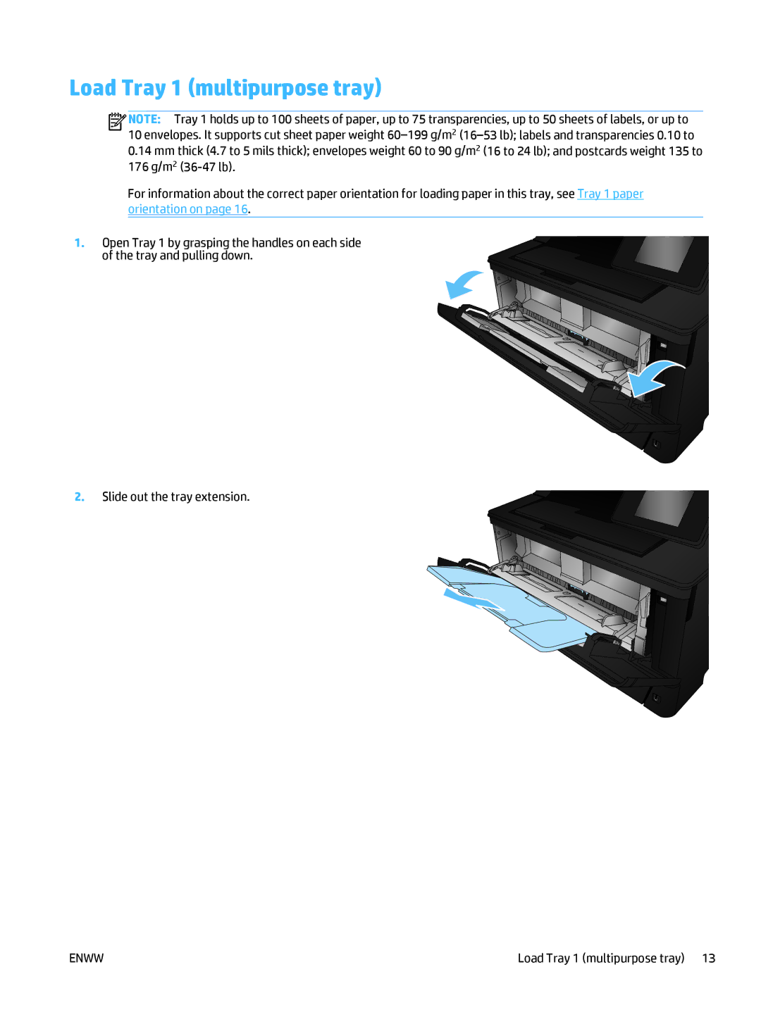 HP 400 manual Load Tray 1 multipurpose tray 