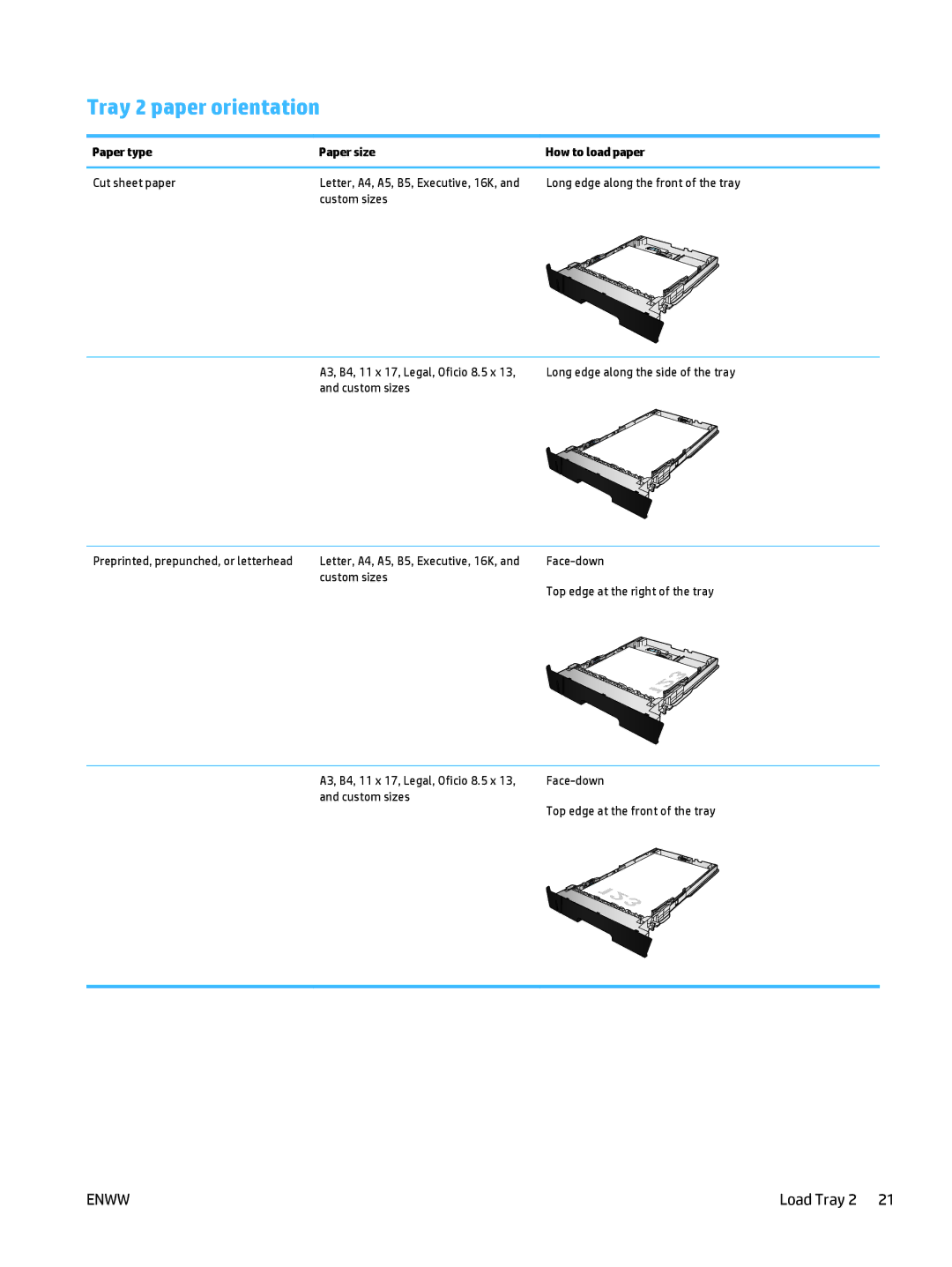 HP 400 manual Tray 2 paper orientation 