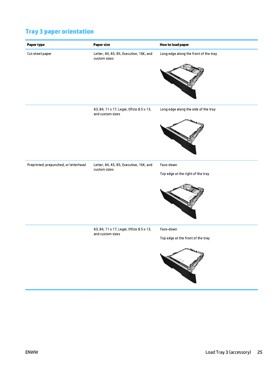 HP 400 manual Tray 3 paper orientation 