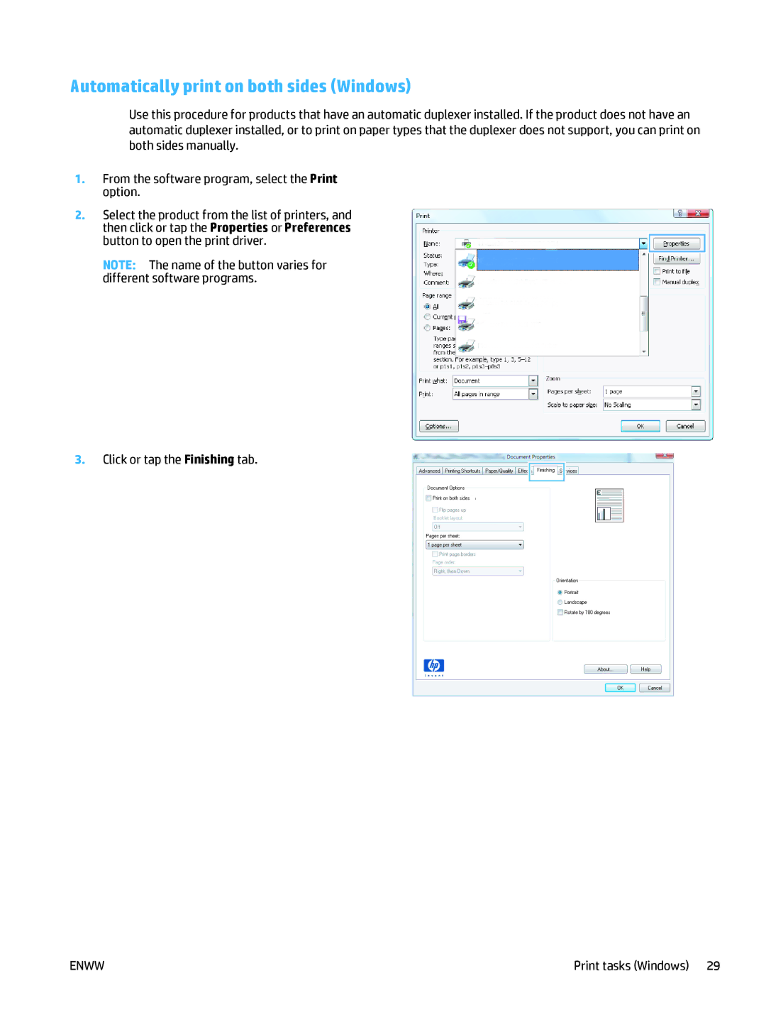 HP 400 manual Automatically print on both sides Windows 