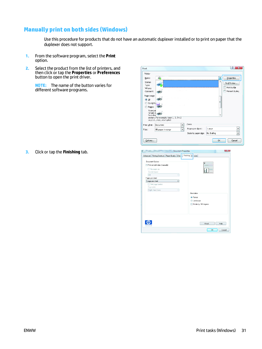 HP 400 manual Manually print on both sides Windows 