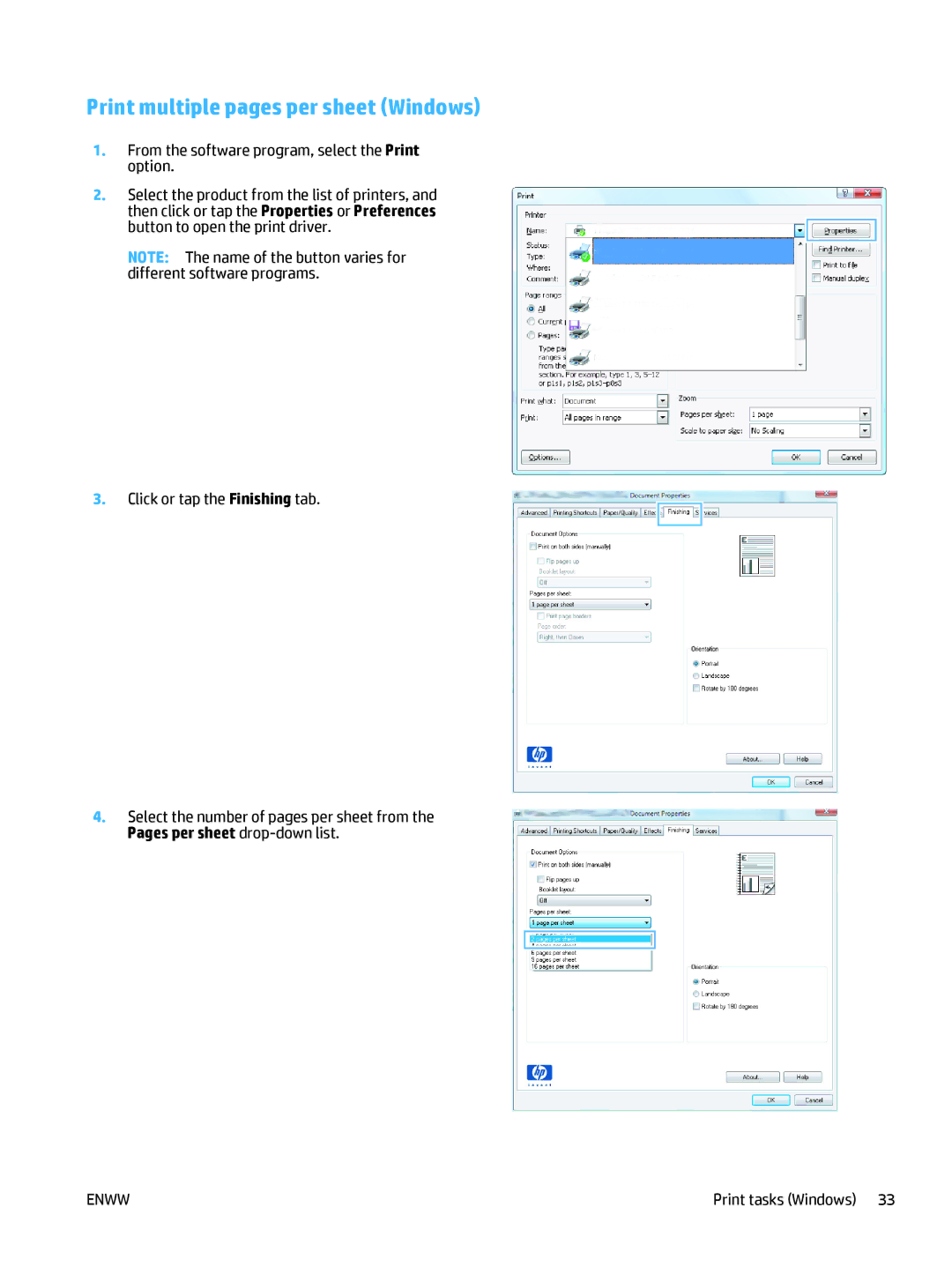 HP 400 manual Print multiple pages per sheet Windows 