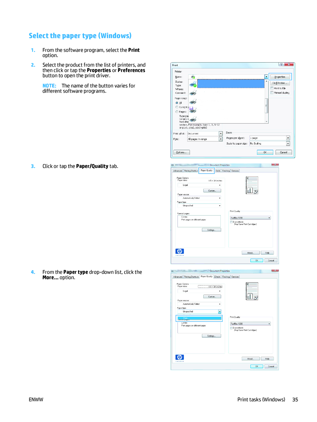 HP 400 manual Select the paper type Windows 