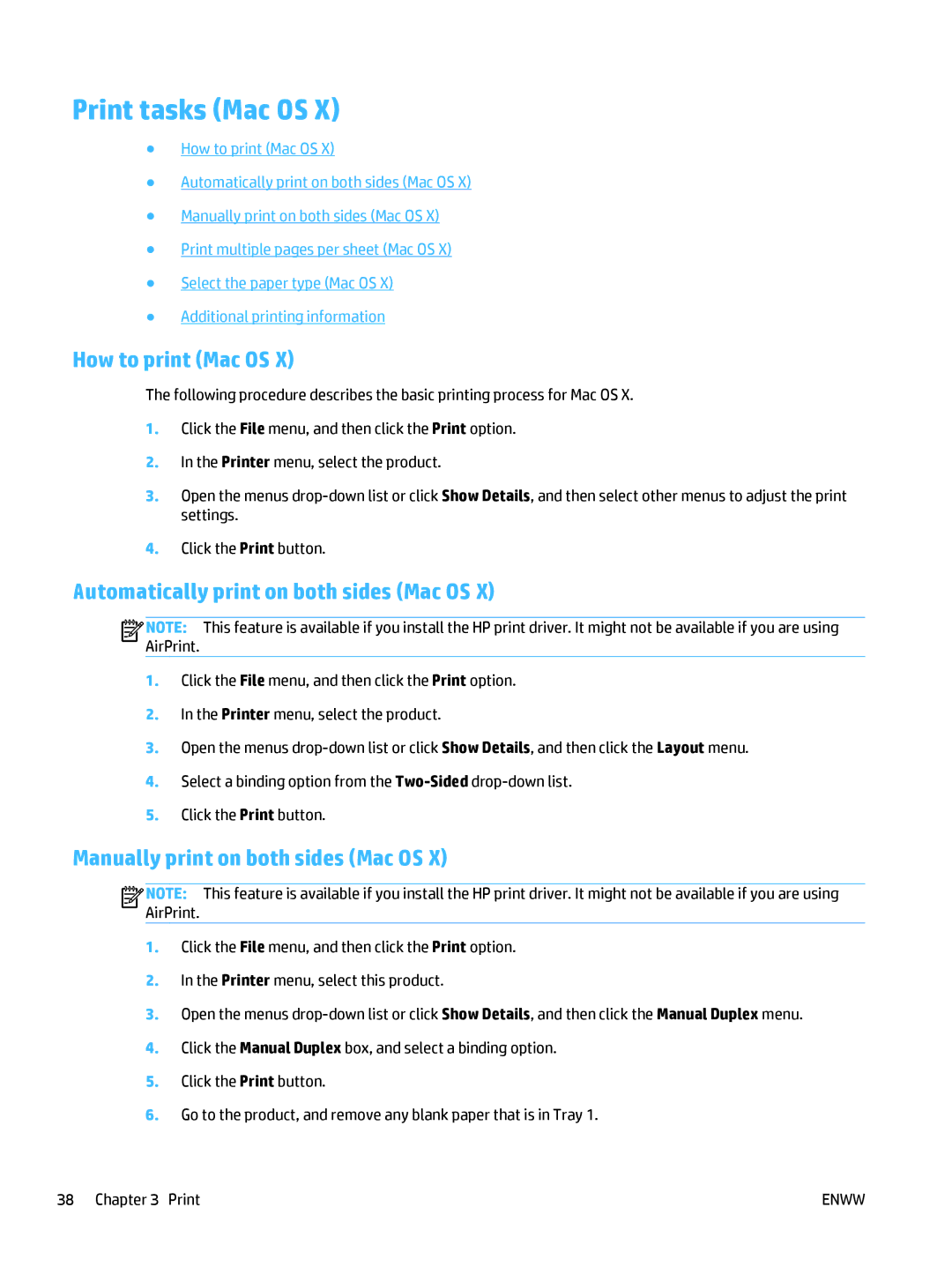 HP 400 manual Print tasks Mac OS, How to print Mac OS, Automatically print on both sides Mac OS 