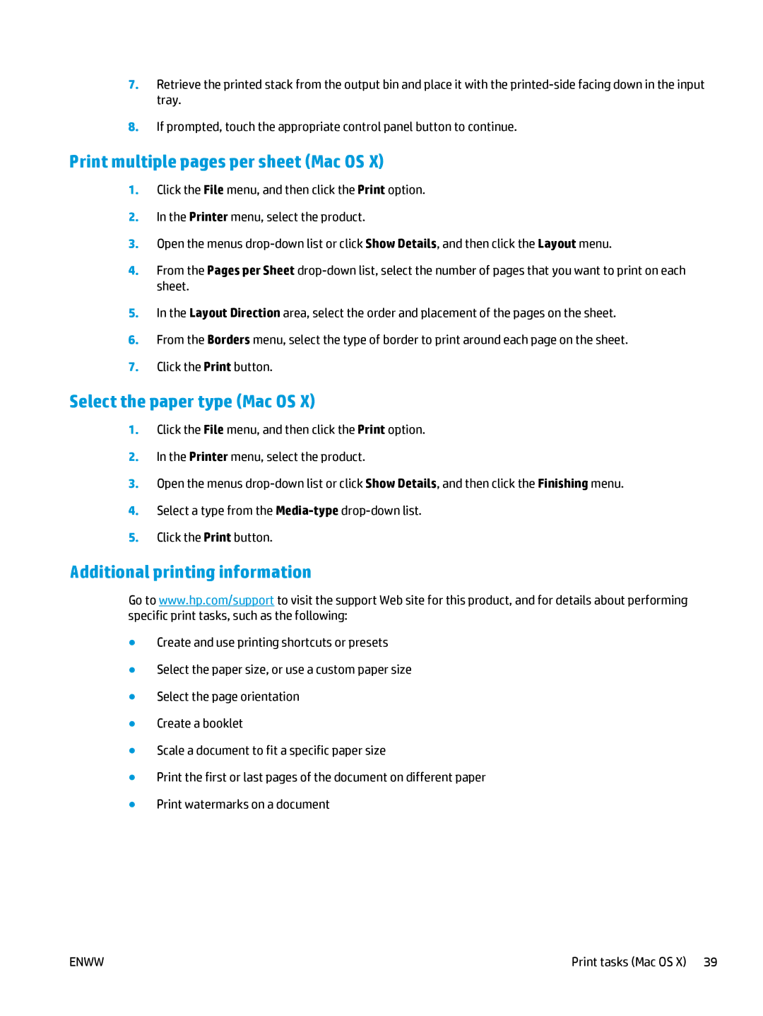 HP 400 manual Print multiple pages per sheet Mac OS, Select the paper type Mac OS 