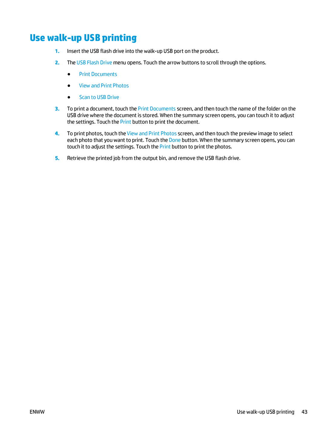 HP 400 manual Use walk-up USB printing, Print Documents View and Print Photos Scan to USB Drive 