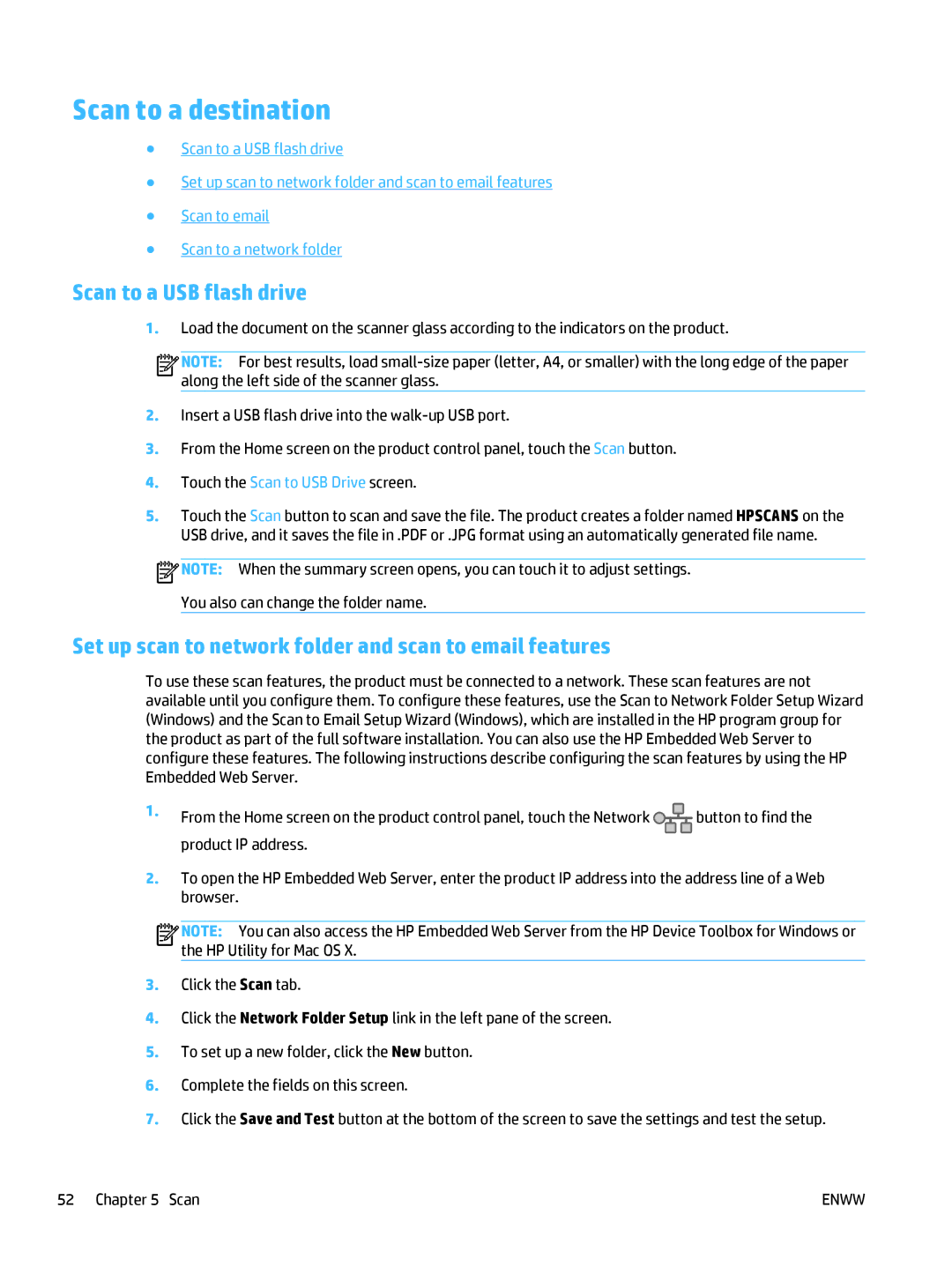 HP 400 manual Scan to a destination, Scan to a USB flash drive, Set up scan to network folder and scan to email features 