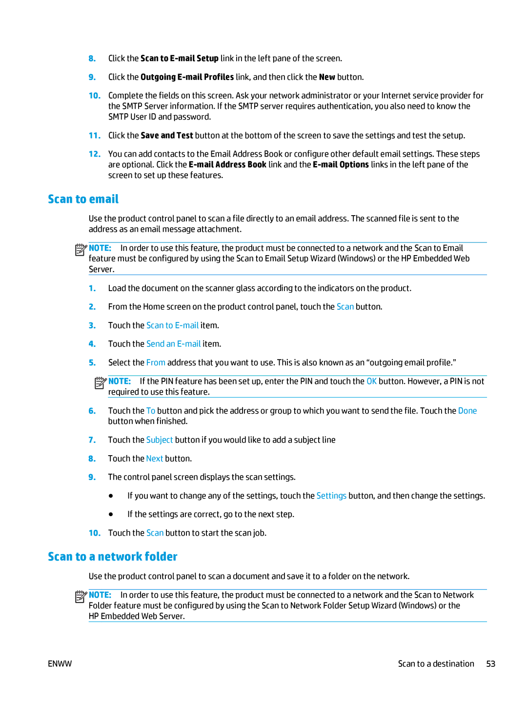 HP 400 manual Scan to email, Scan to a network folder 