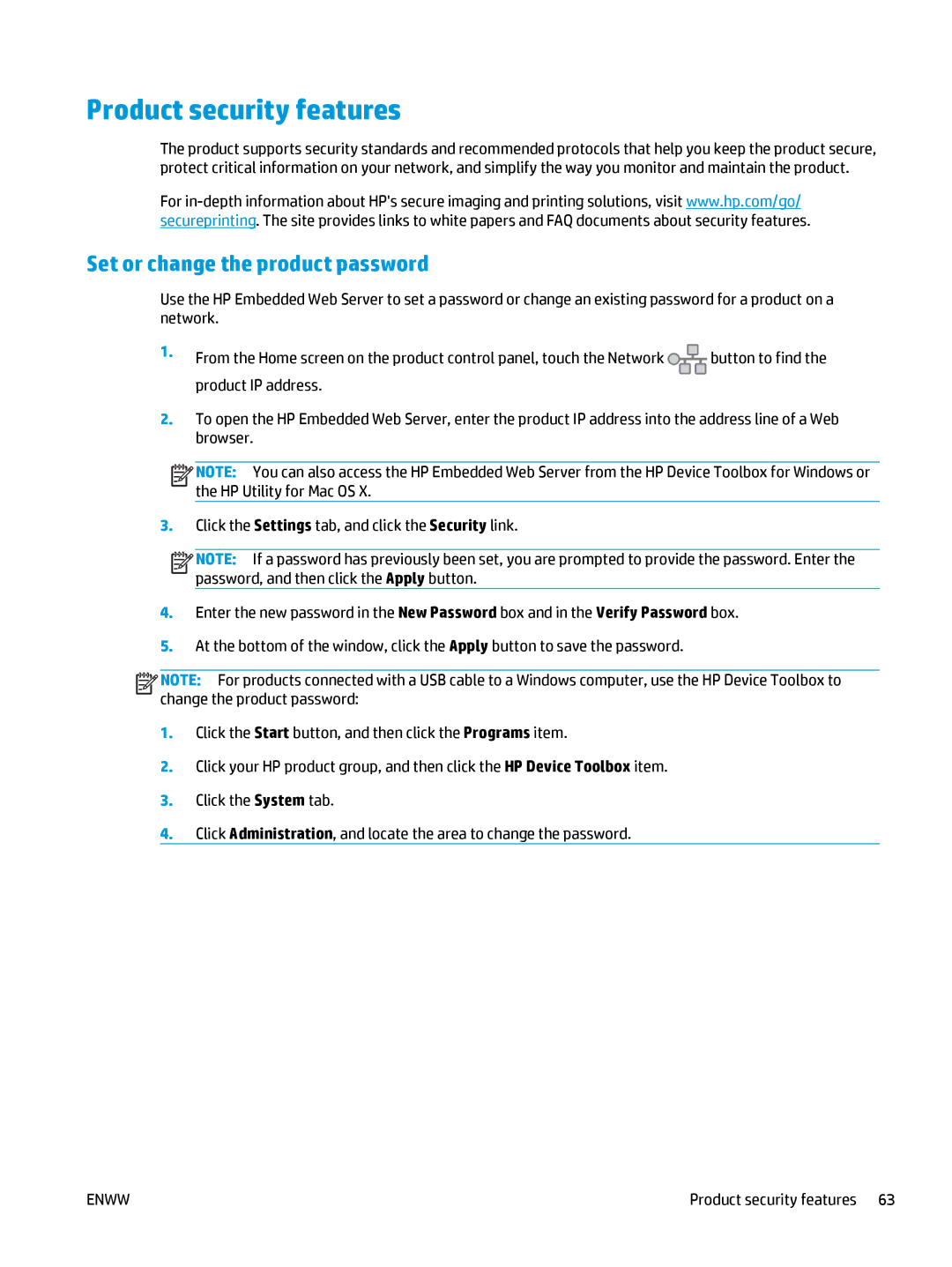 HP 400 manual Product security features, Set or change the product password 