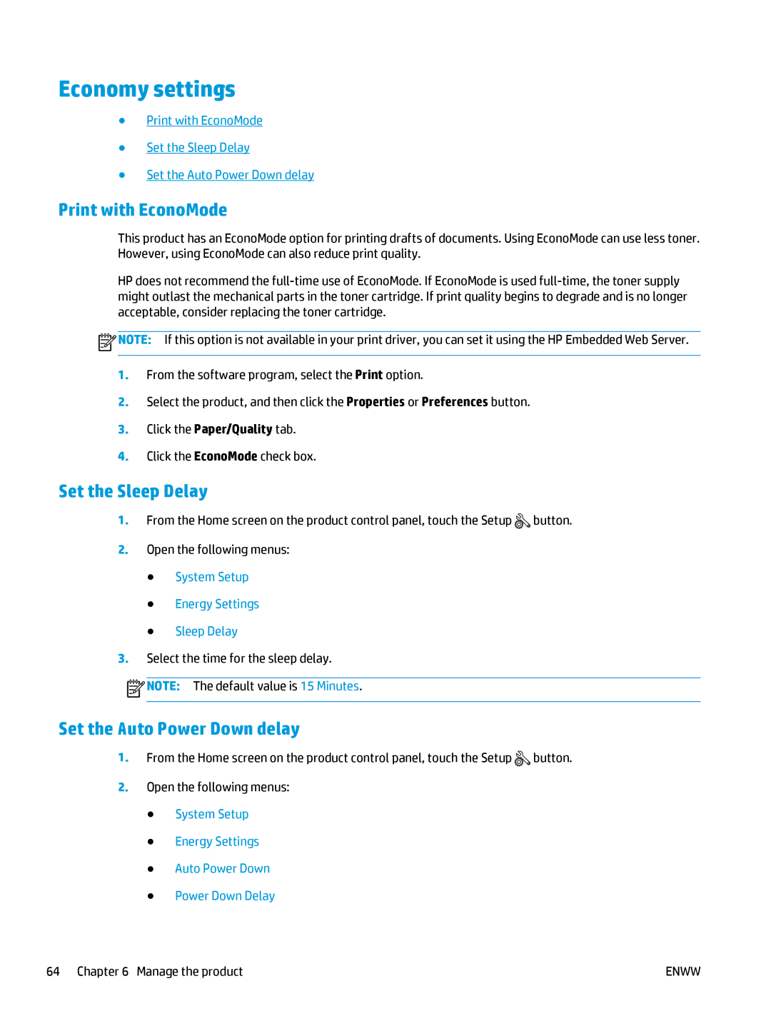 HP 400 manual Economy settings, Print with EconoMode, Set the Sleep Delay, Set the Auto Power Down delay 