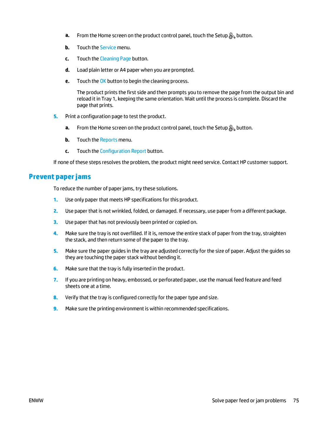 HP 400 manual Prevent paper jams, Touch the Configuration Report button 