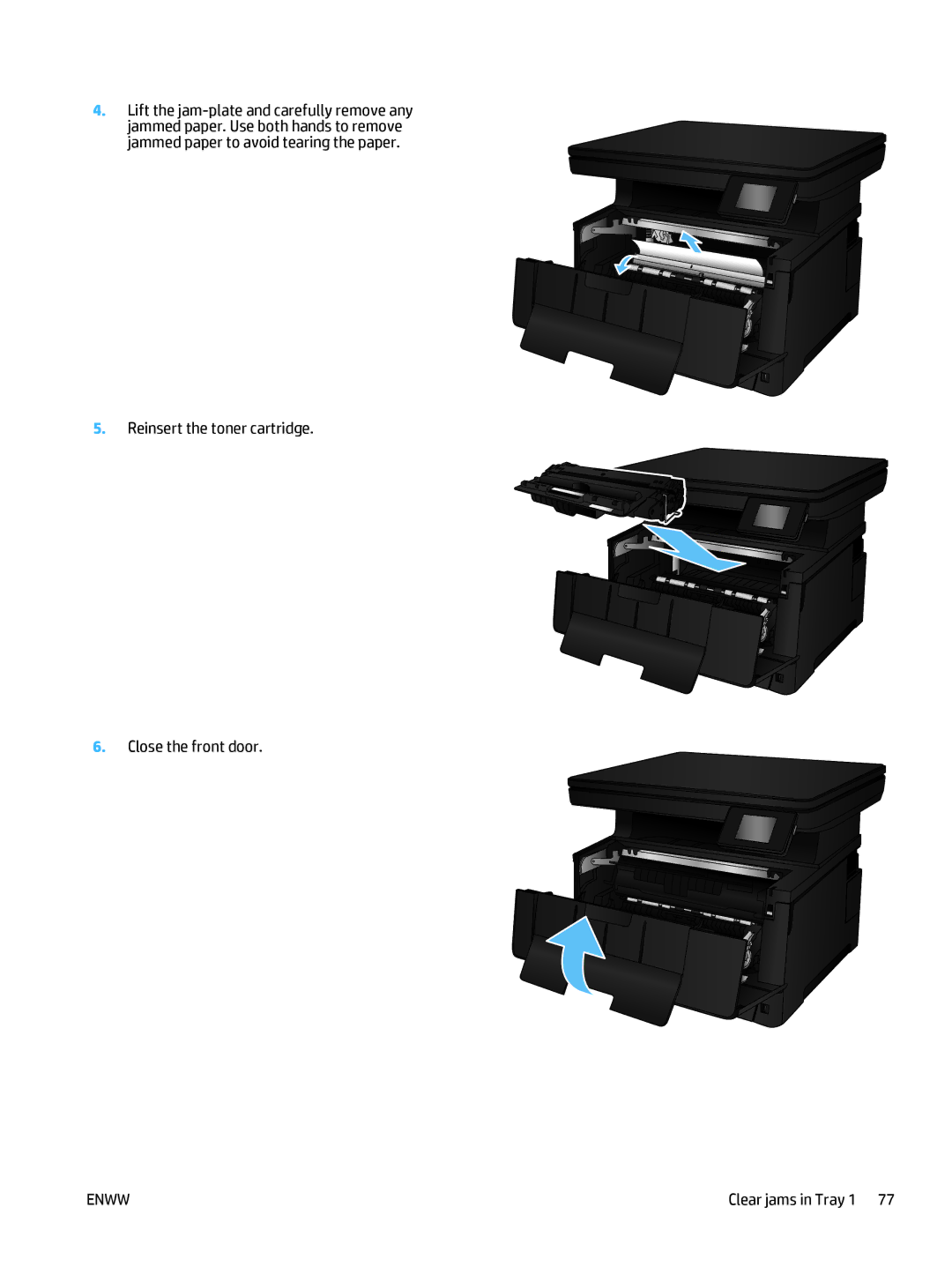 HP 400 manual Clear jams in Tray 1 