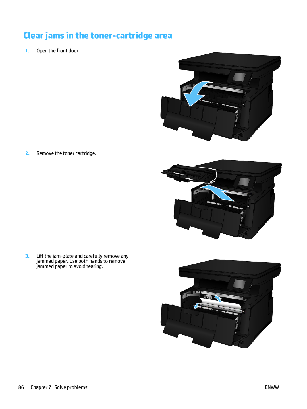 HP 400 manual Clear jams in the toner-cartridge area 