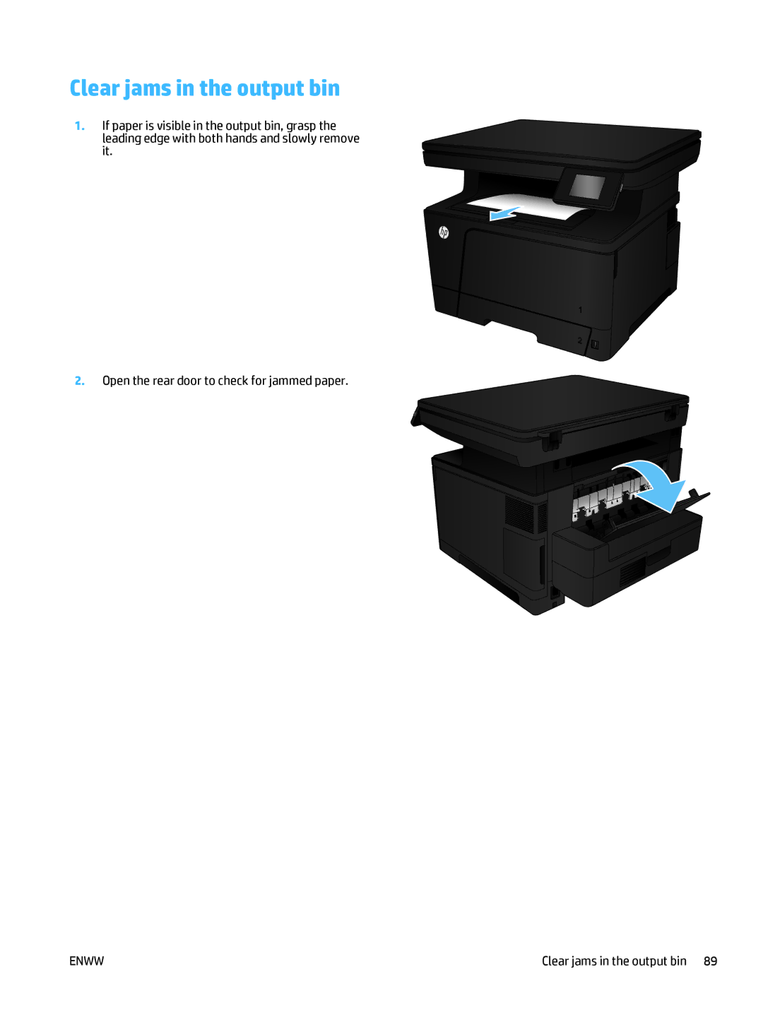 HP 400 manual Clear jams in the output bin 