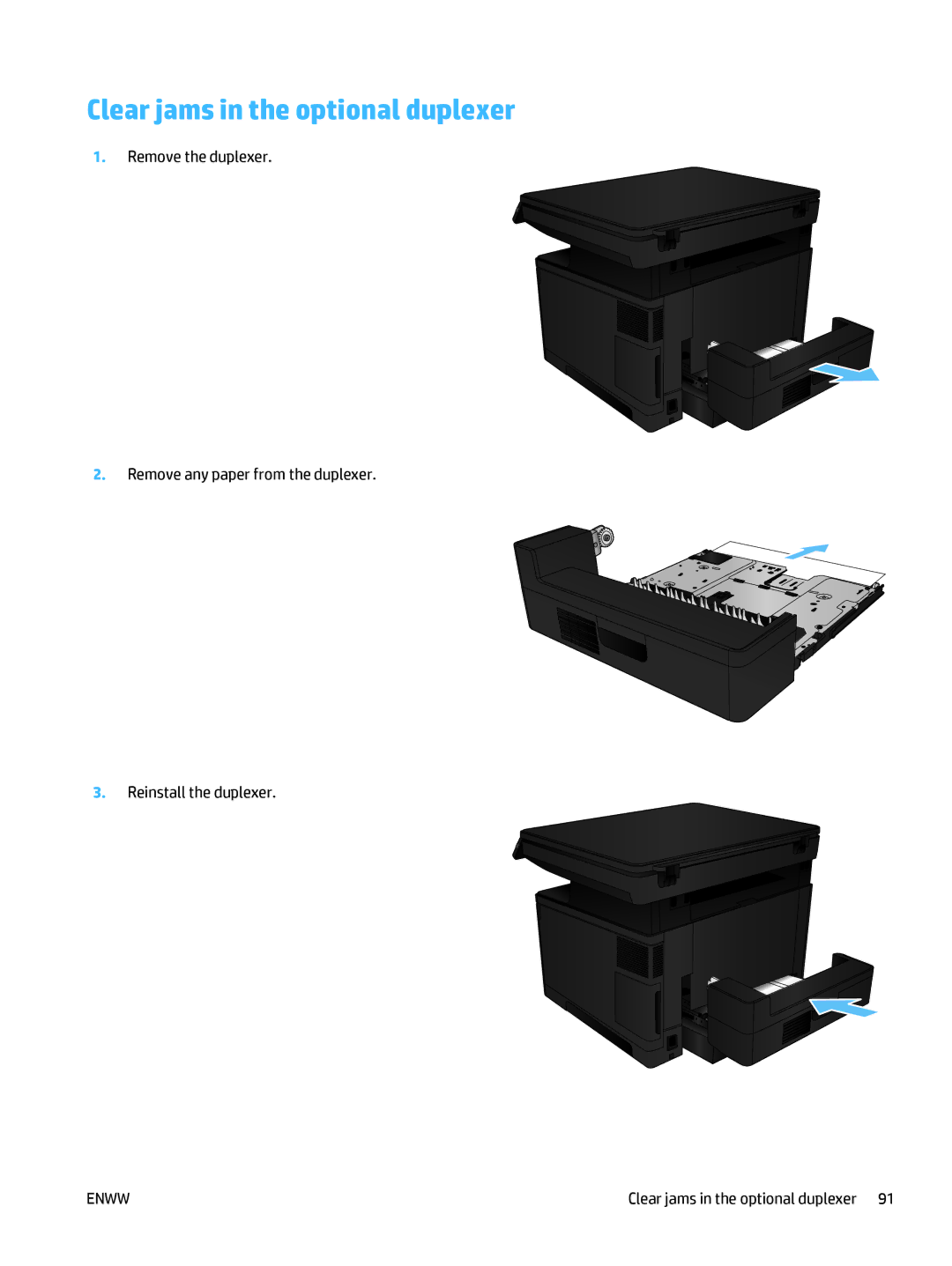 HP 400 manual Clear jams in the optional duplexer 