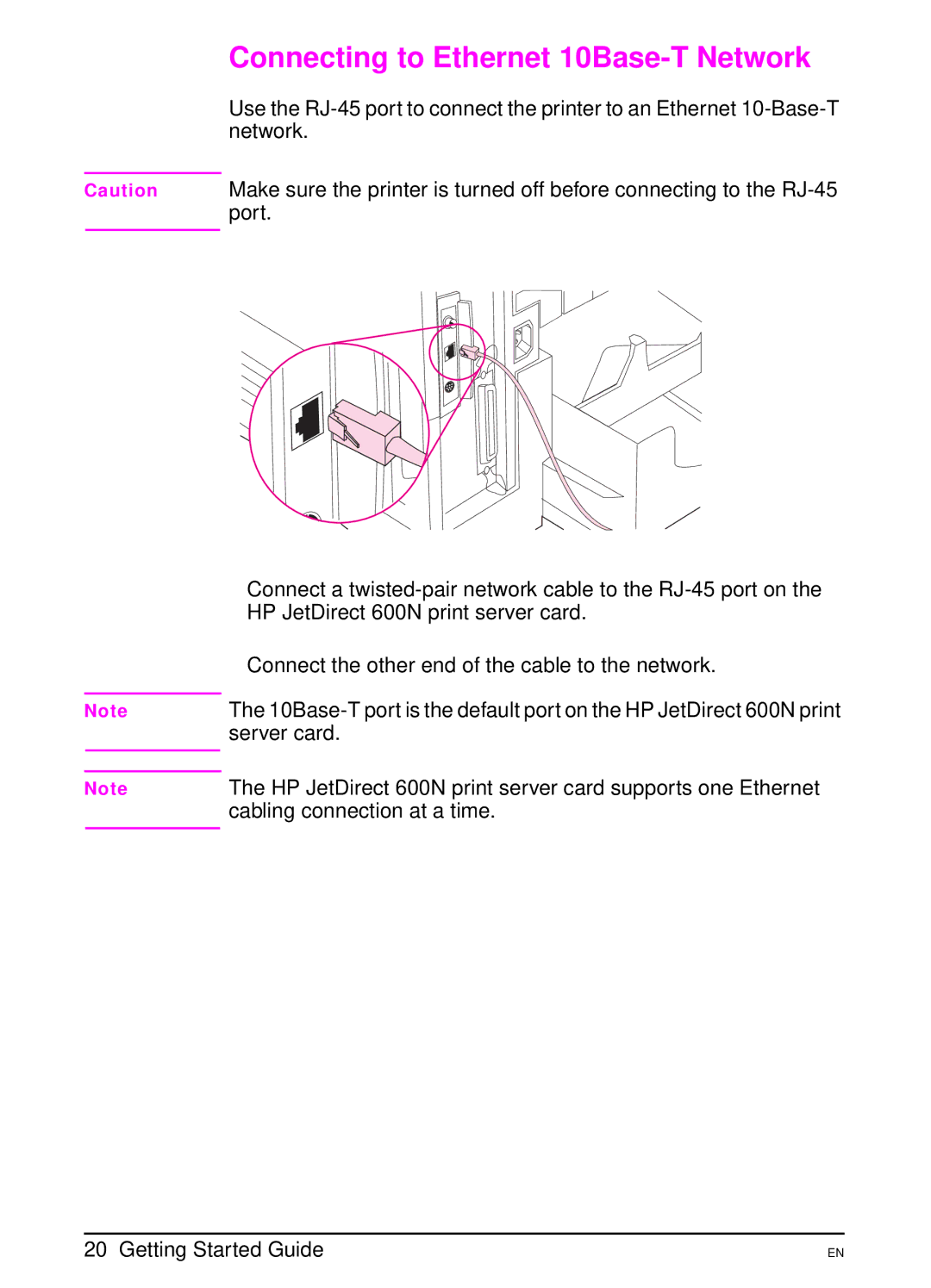 HP 4000 N manual Connecting to Ethernet 10Base-T Network 