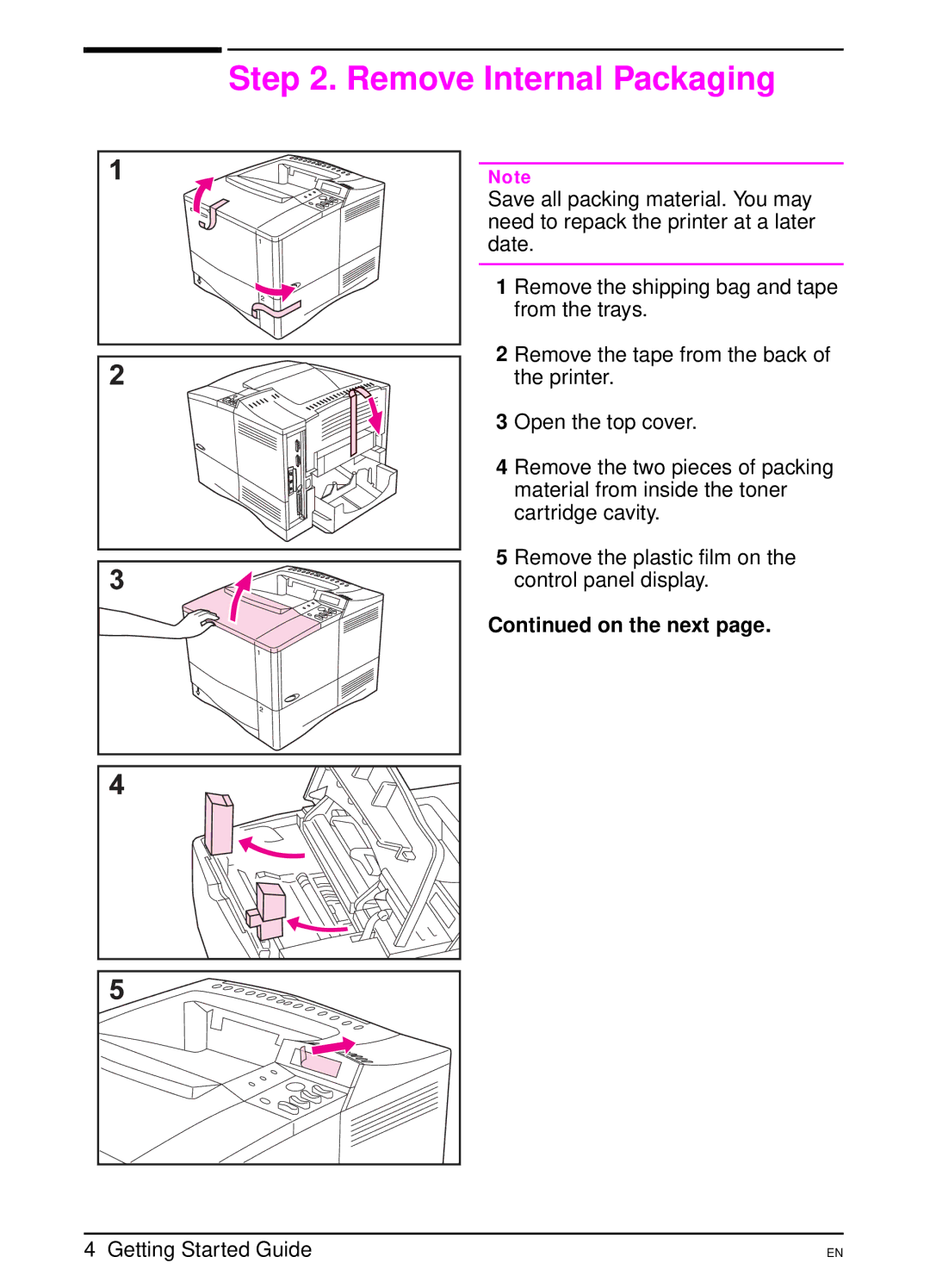 HP 4000 N manual Remove Internal Packaging, On the next 