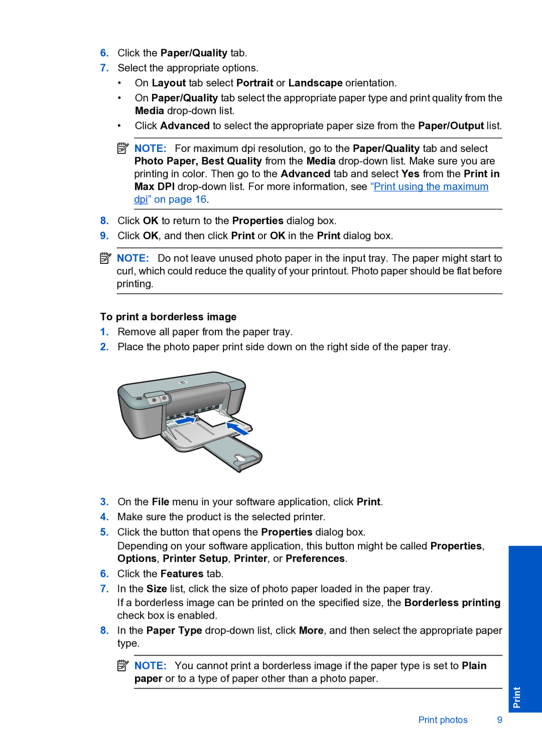 HP 4000 K210 manual To print a borderless image 