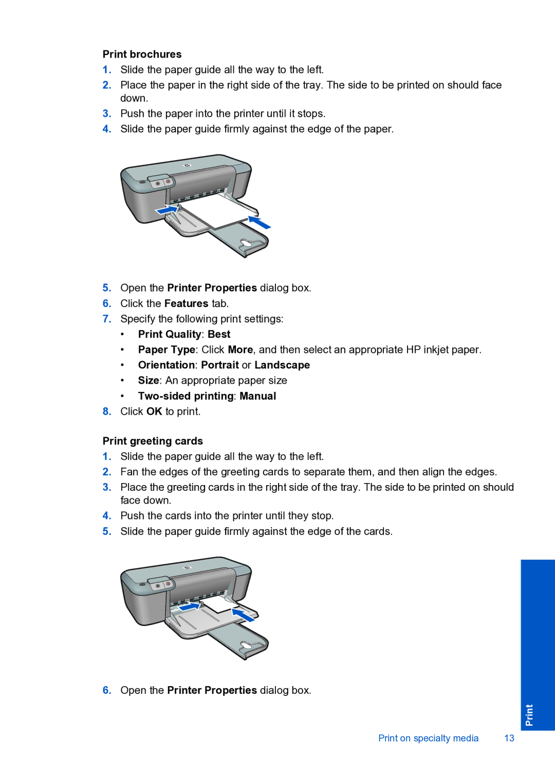 HP 4000 K210 manual Print brochures, Print Quality Best, Orientation Portrait or Landscape, Two-sided printing Manual 