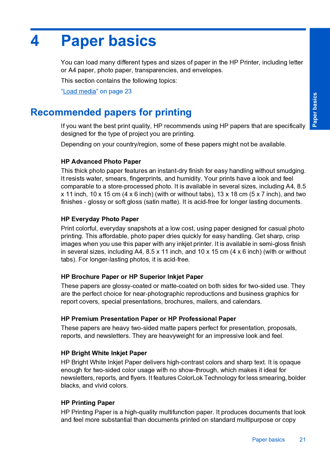 HP 4000 K210 manual Paper basics, Recommended papers for printing 