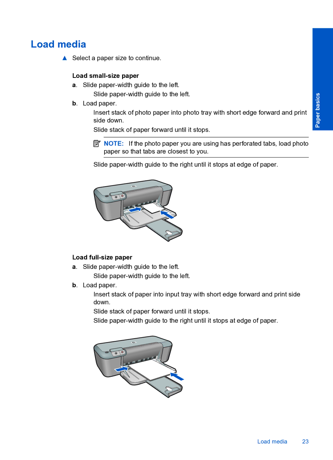 HP 4000 K210 manual Load media, Load small-size paper, Load full-size paper 