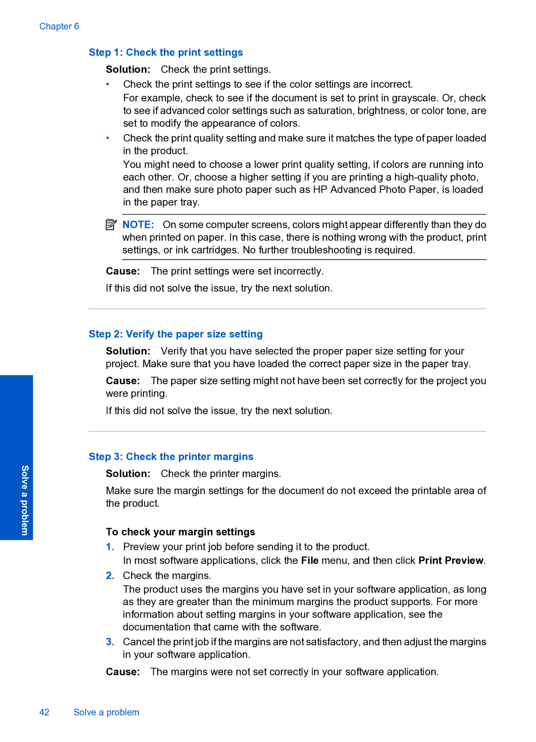 HP 4000 K210 manual Check the print settings, Verify the paper size setting, Check the printer margins 