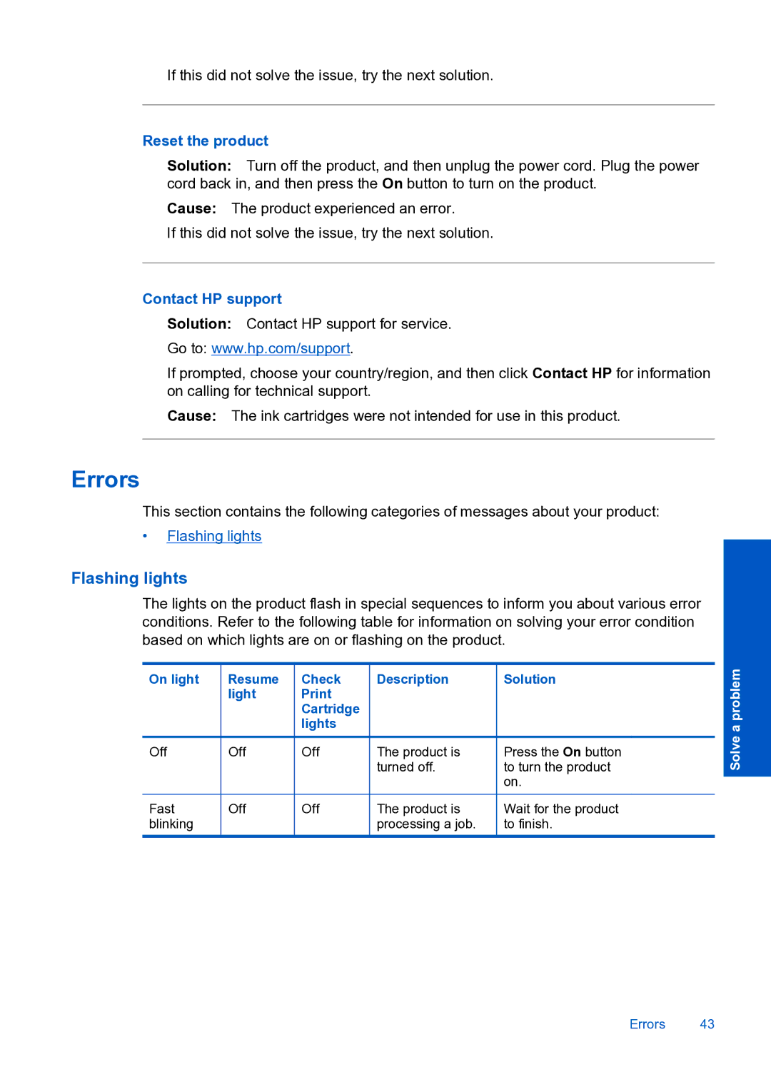 HP 4000 K210 manual Errors, Flashing lights, Reset the product, Contact HP support 