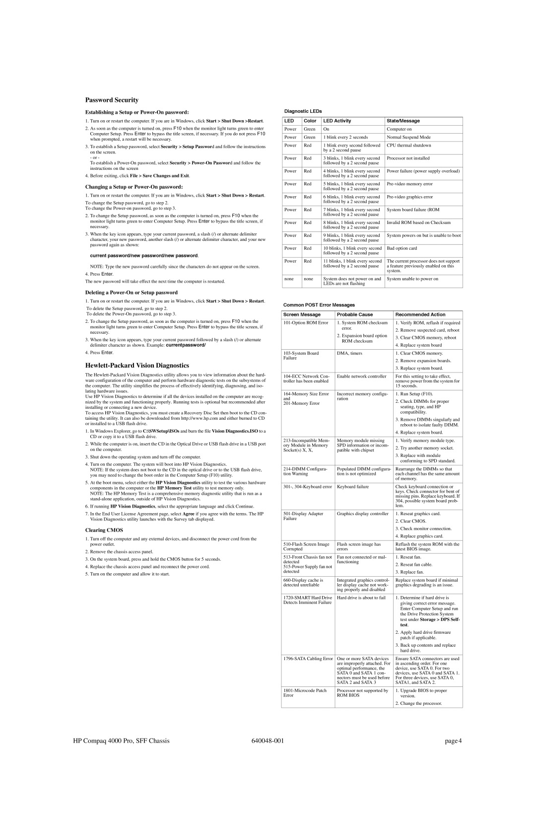 HP 4000 Pro manual Password Security, Hewlett-Packard Vision Diagnostics, Current password/new password/new password 