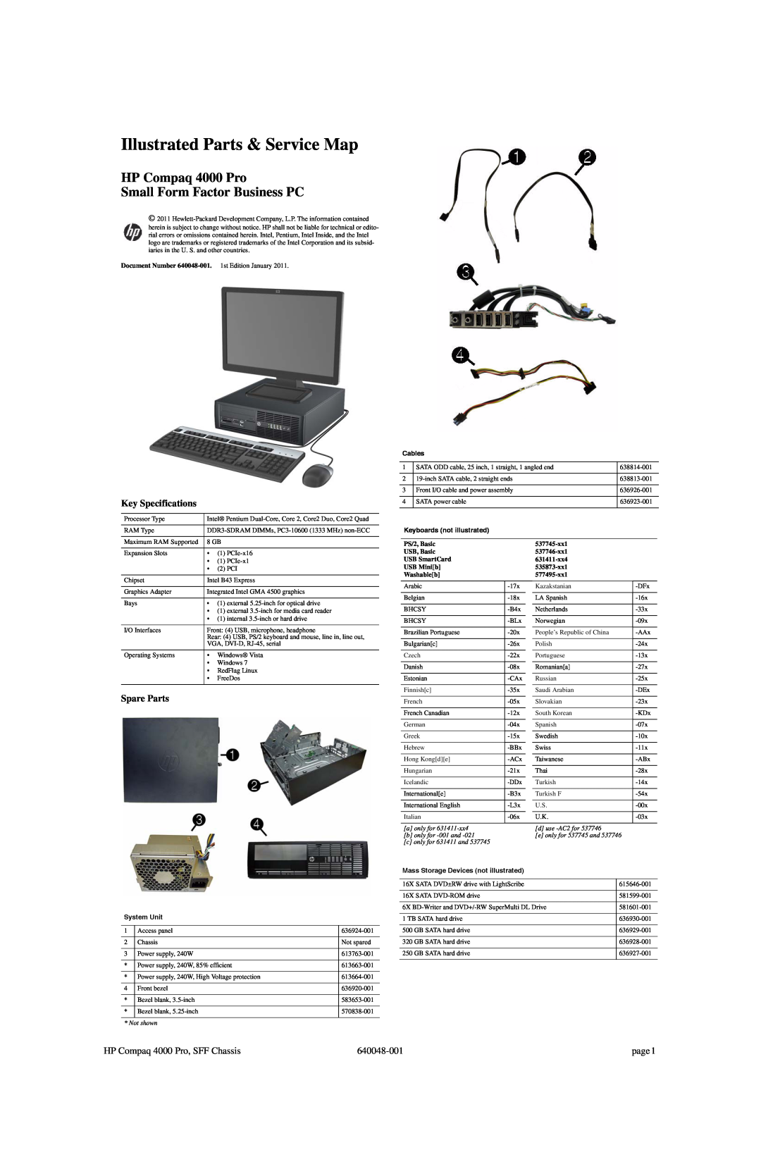 HP manual Key Specifications, Spare Parts, HP Compaq 4000 Pro, SFF Chassis, 640048-001, page, Not shown, a only for 