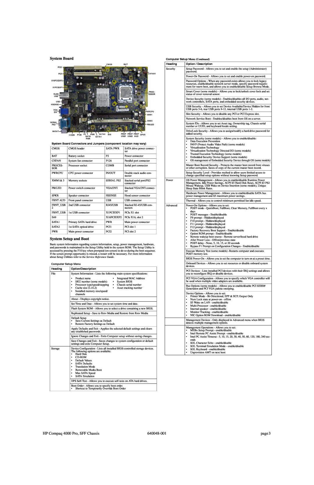 HP manual System Board, System Setup and Boot, HP Compaq 4000 Pro, SFF Chassis, 640048-001, page 