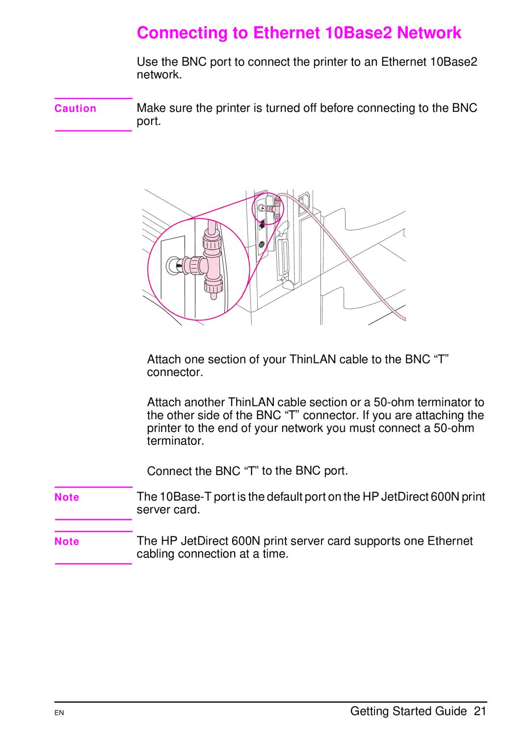 HP 4000 TN manual Connecting to Ethernet 10Base2 Network 