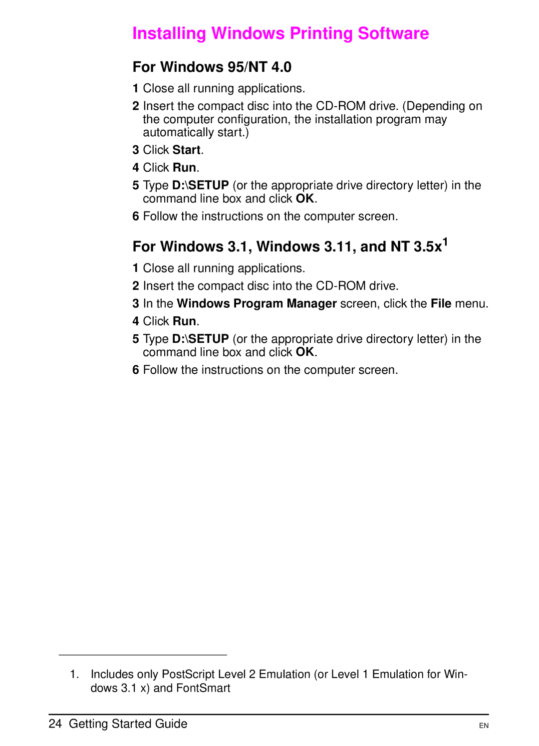 HP 4000 TN manual Installing Windows Printing Software, For Windows 95/NT 