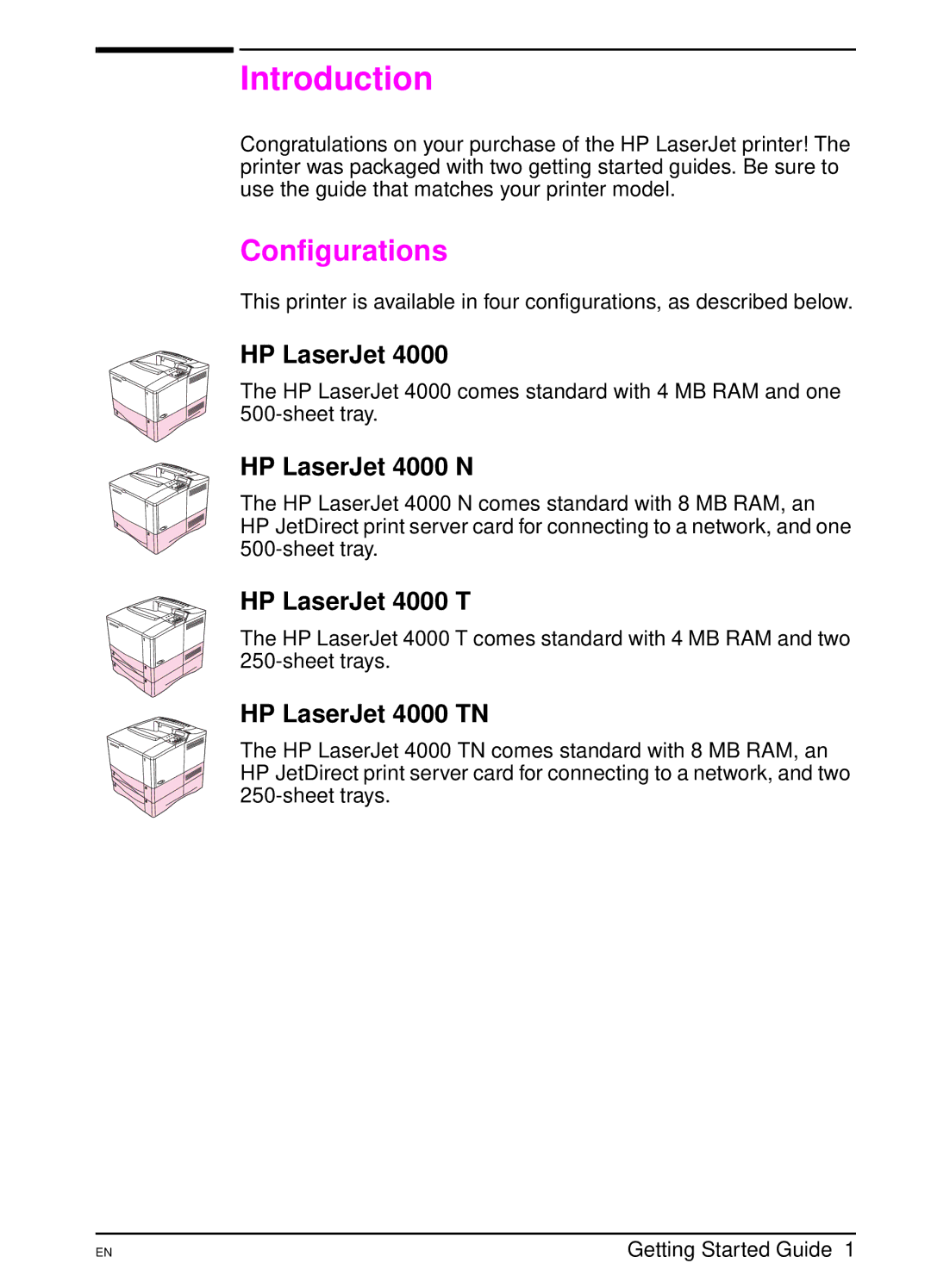 HP 4000 TN manual Introduction, Configurations 