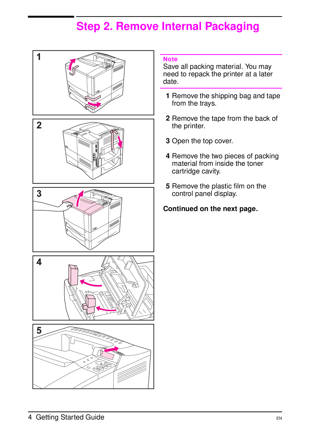 HP 4000 TN manual Remove Internal Packaging, On the next 