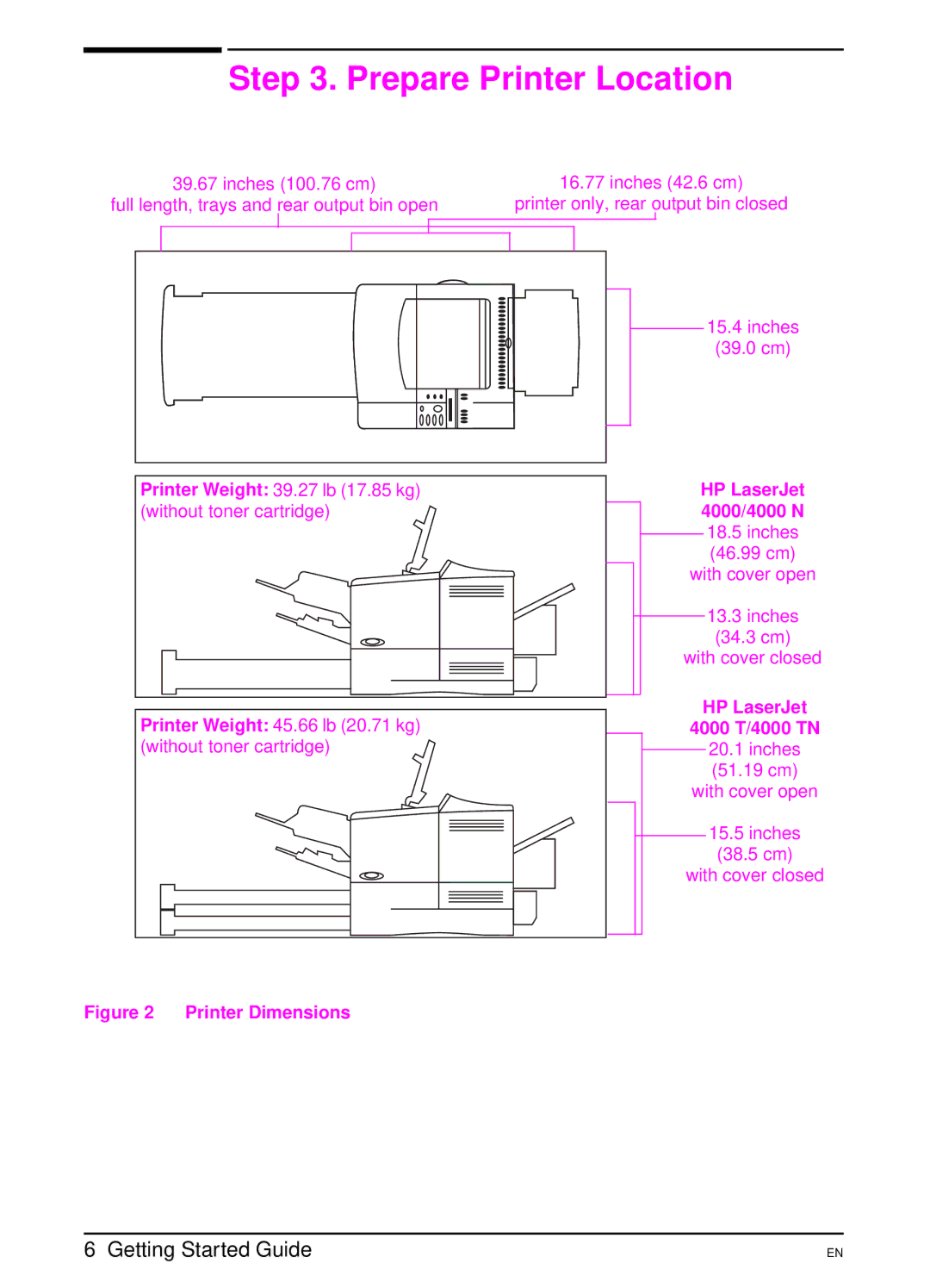 HP 4000 TN manual Prepare Printer Location, Printer Dimensions 