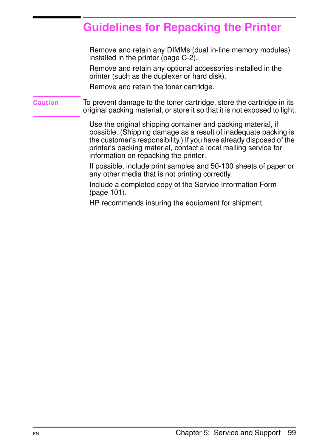 HP 4000TN, 4000N manual Guidelines for Repacking the Printer 