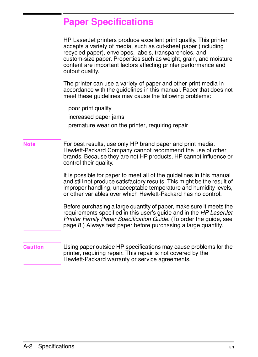 HP 4000N, 4000TN manual Paper Specifications 