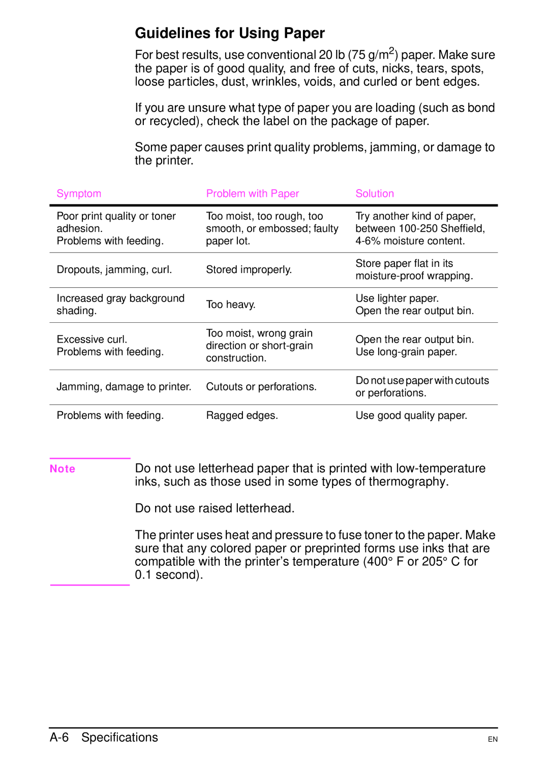 HP 4000N Guidelines for Using Paper, Inks, such as those used in some types of thermography, Do not use raised letterhead 