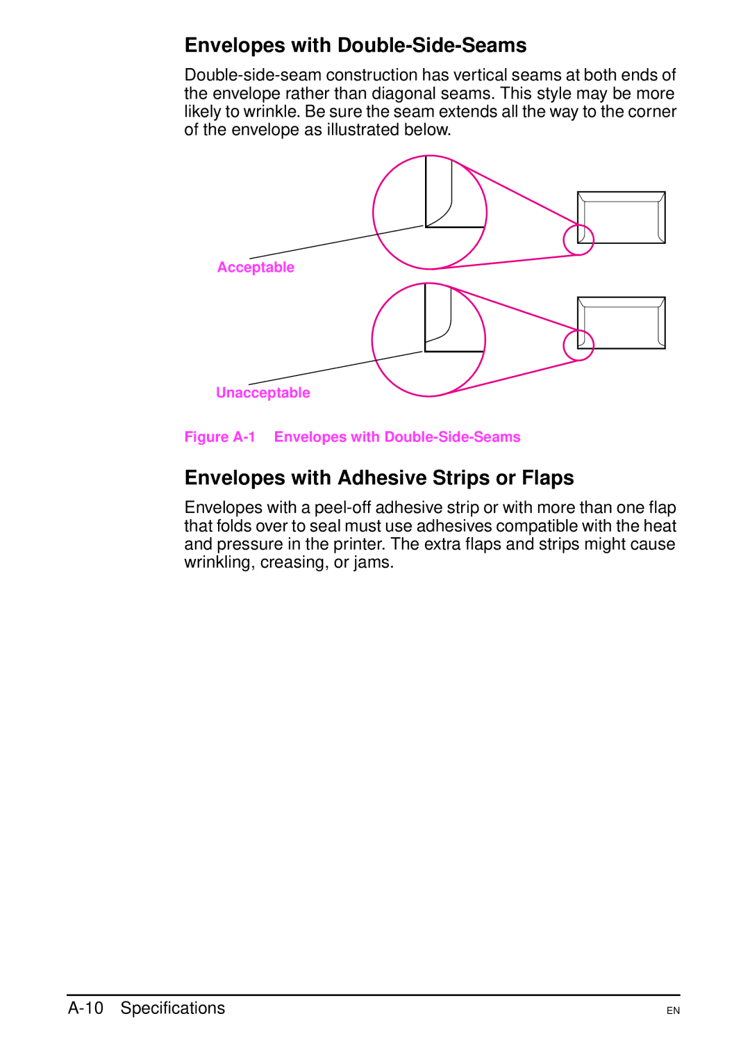 HP 4000N, 4000TN manual Envelopes with Double-Side-Seams, Envelopes with Adhesive Strips or Flaps 