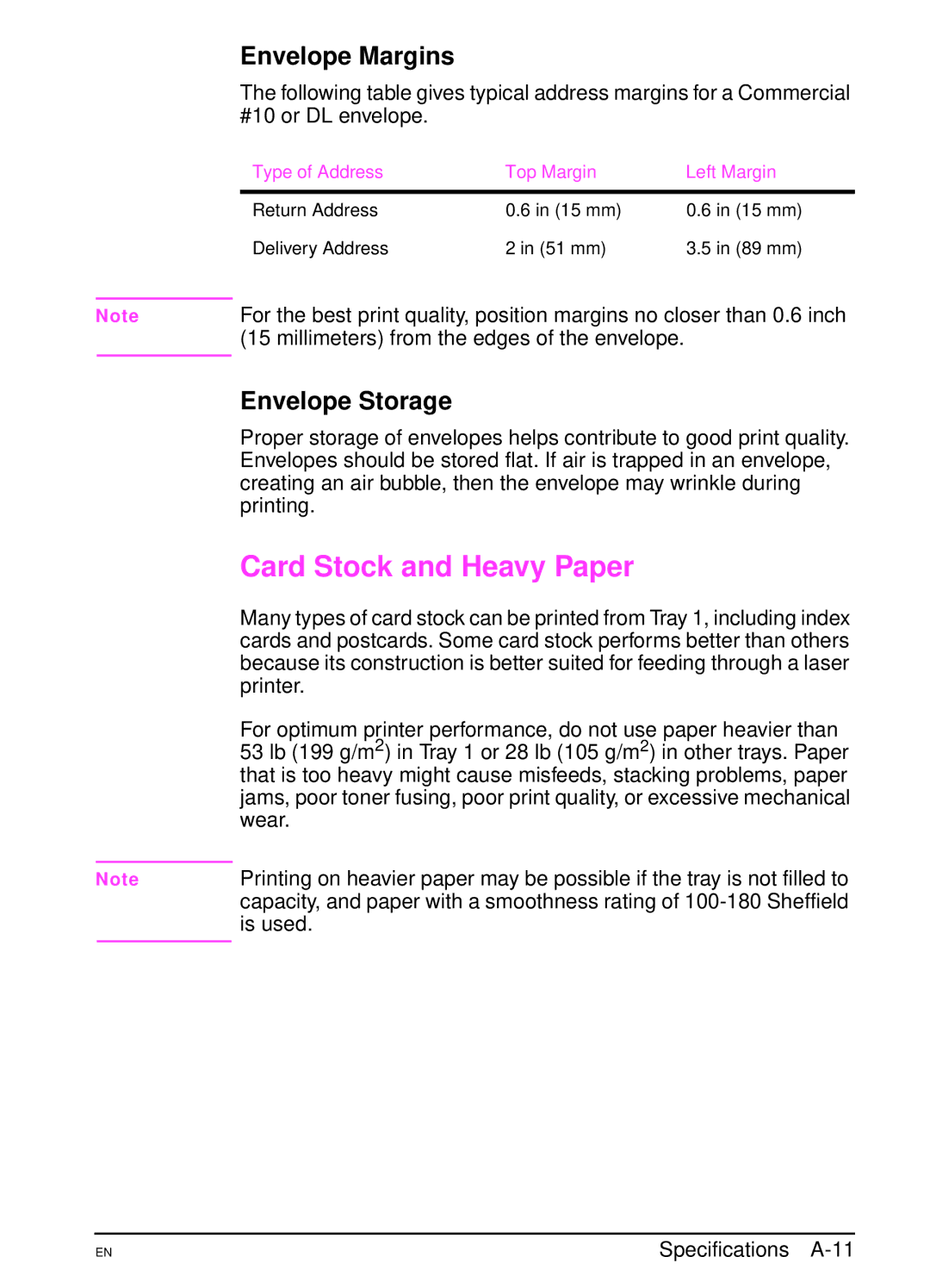 HP 4000TN, 4000N Card Stock and Heavy Paper, Envelope Margins, Envelope Storage, Type of Address Top Margin Left Margin 