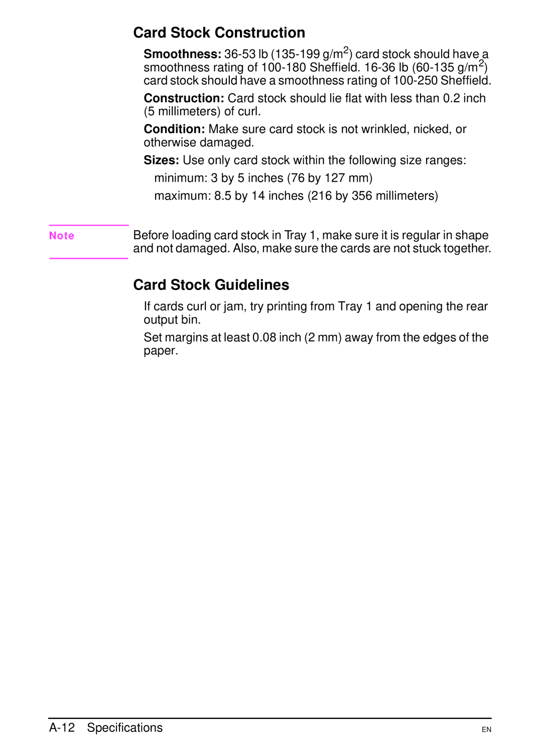 HP 4000N, 4000TN manual Card Stock Construction, Card Stock Guidelines 