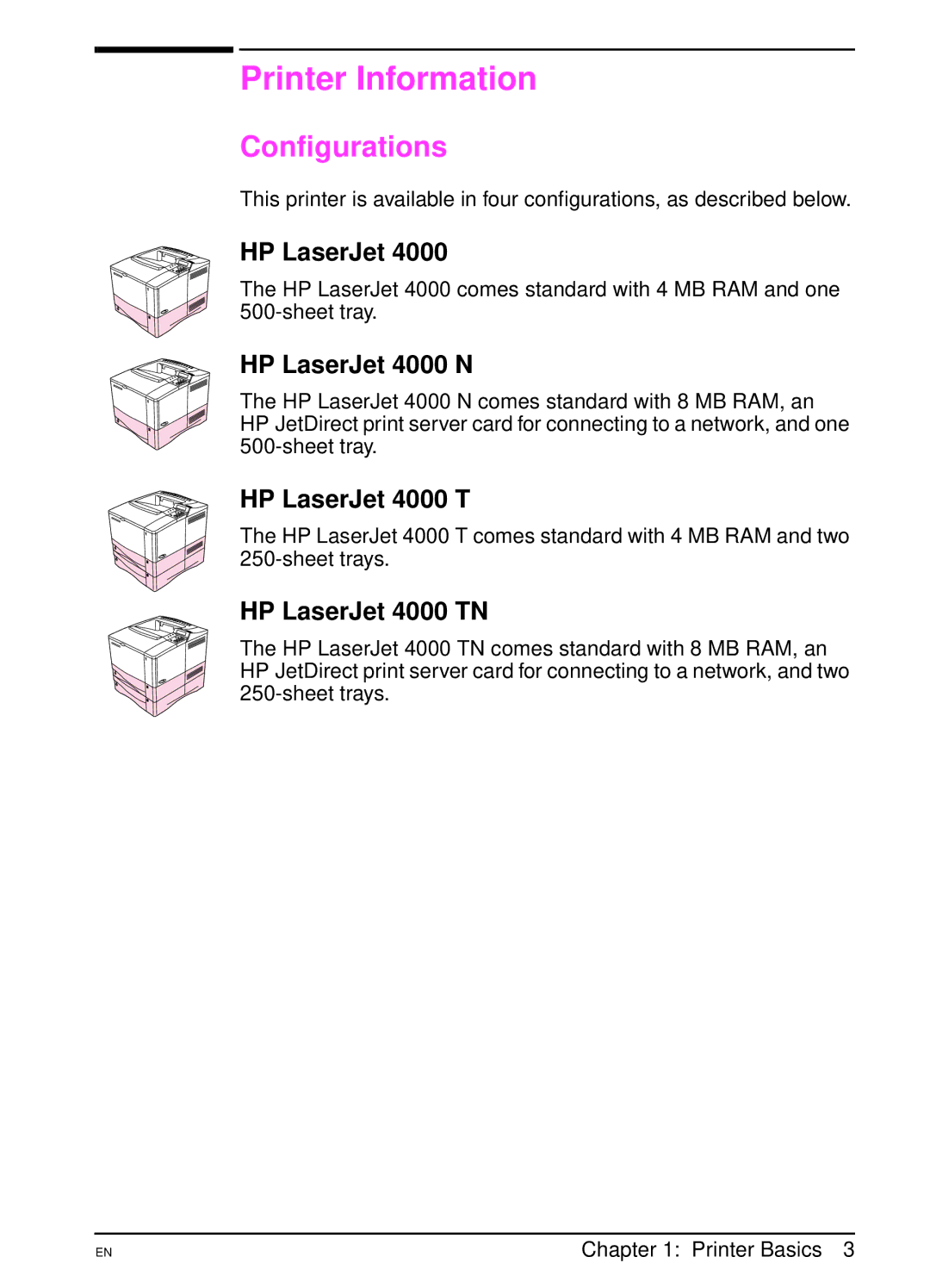 HP 4000TN, 4000N manual Printer Information, Configurations 