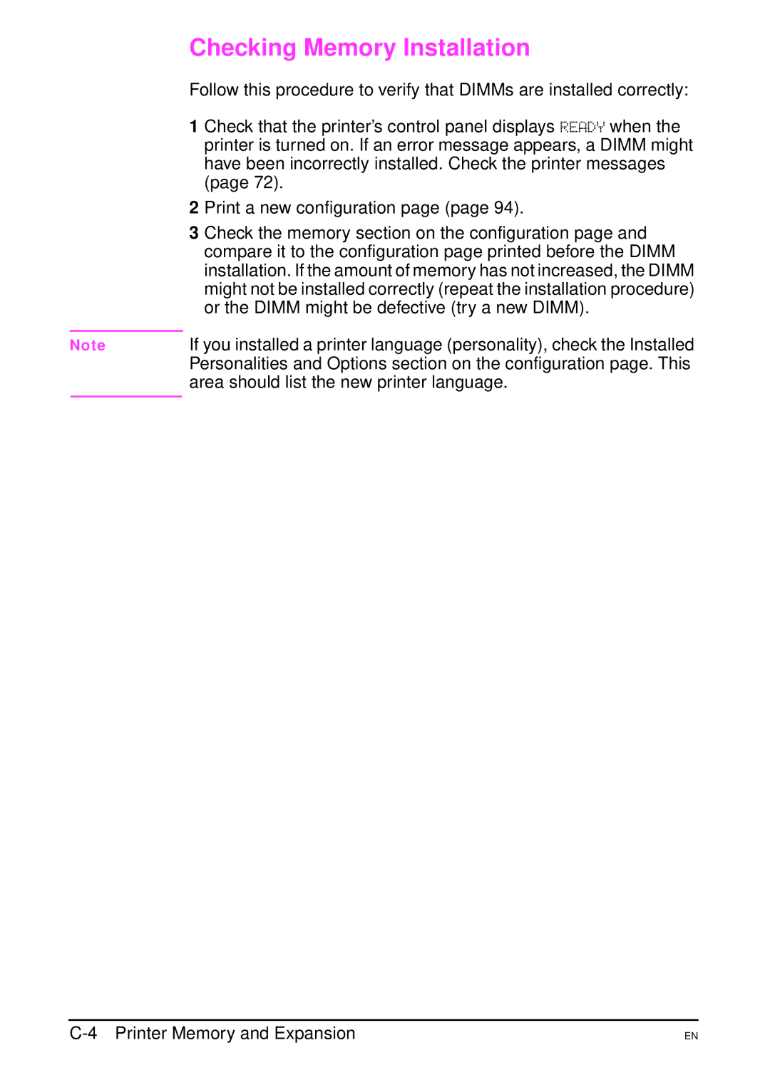 HP 4000N, 4000TN manual Checking Memory Installation, Area should list the new printer language 